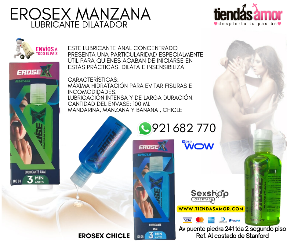 Erosex Manzana 100ml Lubricante Dilatador  /juguetes lubricantes retardantes potencia sexual en Puente Piedra 921682770